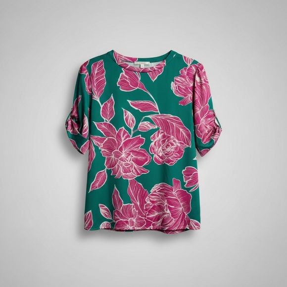 Haptics Tops - Elegant Green and Pink Floral Blouse